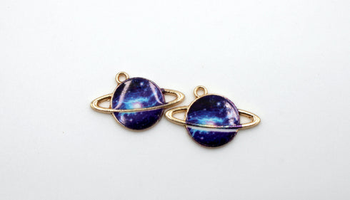 Blue Galaxy Planet Charm, 24mm x 21mm, Mixed Metal, Sold As 2 Pieces.